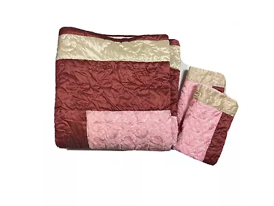 Vintage Handmade Bedding Set Coverlet Bedspread Shams Pink Quilted Hearts RARE • $160.99