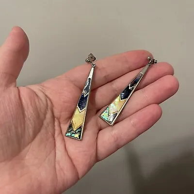 Abalone Shell Triangle Shaped Drop Dangle Earrings Silver Inlay • £12