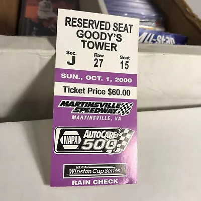 Tony Stewart Race Ticket Win Stub Napa Auto 500 2000 Martinsville  Nascar Arg11 • $9