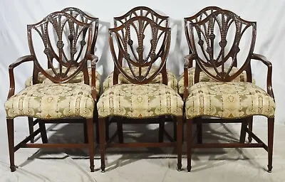 Set Of 6 Charak Mahogany Federal Shield Back Chairs Striped Damask Bench Made • $1899