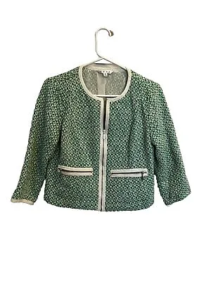 CABI Clover Tweed Jacket Green Zip Front Cropped Jacket Style 726 Women’s Size 6 • $15