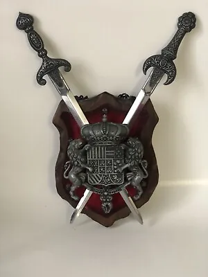Sword Shield Wall Display Coat Of Arms Carved Wood Plaque • $110