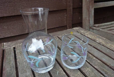 £10.50 • Buy Bedside Table Glass Carafe & Glass Tumbler Set Hand Painted With Lavender Flower