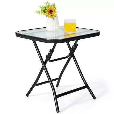 Patio Folding Square Glass Side Table Bistro Coffee Table Plant Stand • $55.95