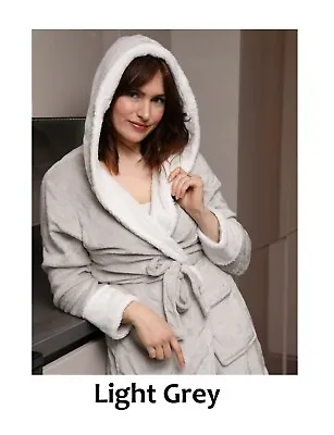 Luxury Super Soft Ladies Hoodie Dressing Gown Grey White Bath Shower Robe • £11.49