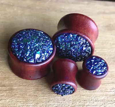 PAIR Blue Druzy Stone Sono Wood Plugs Tunnels Guages Gauges Body Jewelry • $12.95