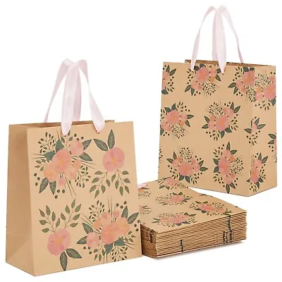 24 Pack Kraft Paper Floral Gift Bags With Pink Ribbon Handles 2 Designs 9 X 8  • $16.39