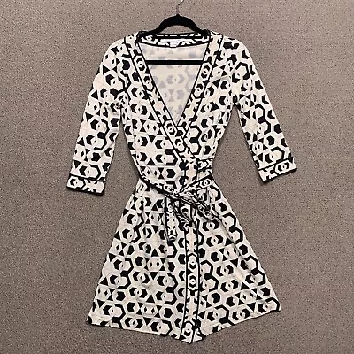 Diane Von Furstenberg Wrap Dress 10 Black White Silk Monochrom Geometric DVF • $68.44