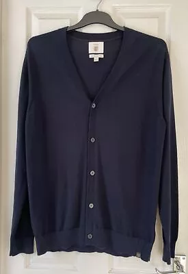 Marks & Spencer Mens Large Navy Extra Fine Merino Wool Button Front Cardigan • £19.99