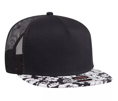 New 5 Panel Black White Floral Trucker Hat Cap Flat Bill Adult Sz Mid Profile • $14.45