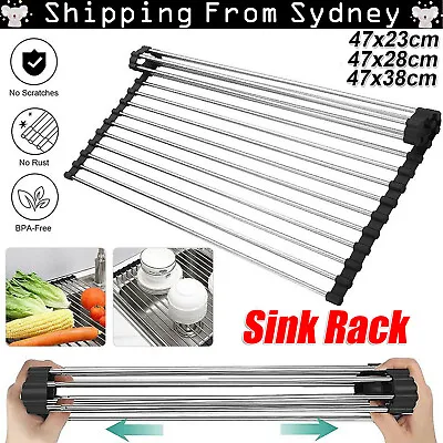 Dish Rack Drying Drainer Over Sink Stainless Steel Rack Roll Up Foldable Kitchen • $13.95