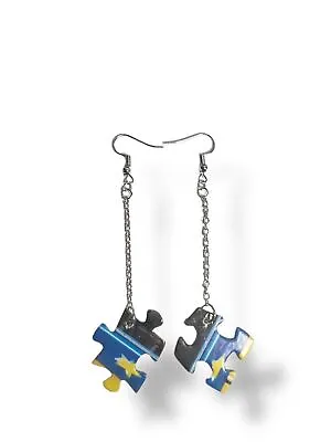 Handmade Puzzle Piece Earrings Blue And Yellow • $8