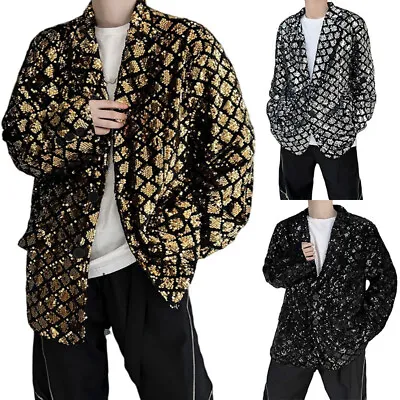 Men's Sequin Dress Jacket Suit Blazer Dinner Party Prom Loose Glitter Shiny Chic • $50.52