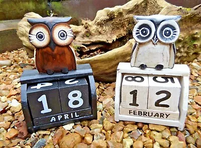 £12.99 • Buy Fair Trade Indonesian Hand Carved Made Wooden Shabby Owl Perpetual Calendar 