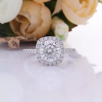 Halo Engagement Eternity Ring 1.30CT Round Cut Moissanite 14k White Gold Plated • $136.40