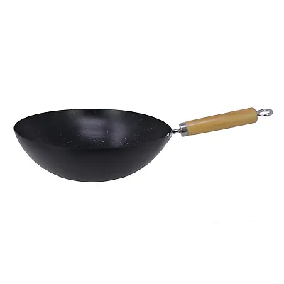 Carbon Steel Wok Deep Chinese Asian Cooking Non Stick Wooden Handle Stir Fry Pan • £19.99