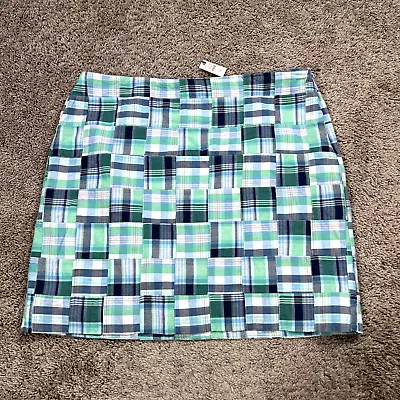 Talbots Skirt Womens 16 Blue Green Madras Plaid Patchwork Canvas Side Zip Summer • $29.77