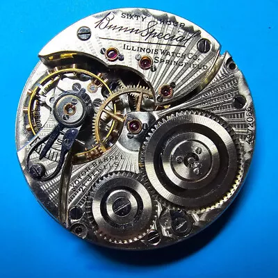 16 Size Illinois 60 Hour Bunn Special Type Iii Pocket Watch Movement Parts M 14 • $25