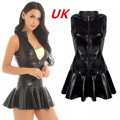 Womens Wet Look PU Leather Zip Front Mini Dress Clubwear Lingerie Skirt G-String • £15.55