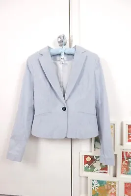 H&M Light Blue Ladies Striped Jacket Blazer Classic Cropped Casual Occasional UK • £12
