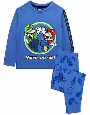 Super Mario Pyjamas Luigi Boys Long Sleeve Kids Blue T-Shirt & Trousers PJs • $26.99