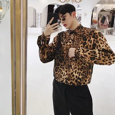 Men Leopard Print Long Sleeve Shirt Top Rockabilly Retro Casual Blouse Fashion • $51.99
