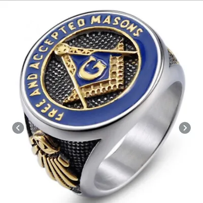 $16.95 • Buy Masonic Ring Freemason Accepted Men Stainless Blue Gold G Square Compass Eye US