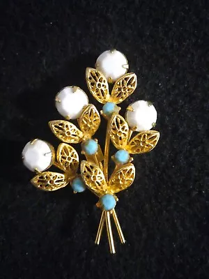 Vintage-1960's Gold Tone W/White And Turquoise  Brooch/Pin • $7.99