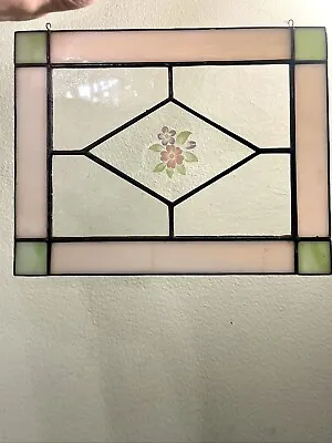 Vintage Floral Stained Glass Window/wall  9x7 Hanging Panel Rose And Green Fl • $55