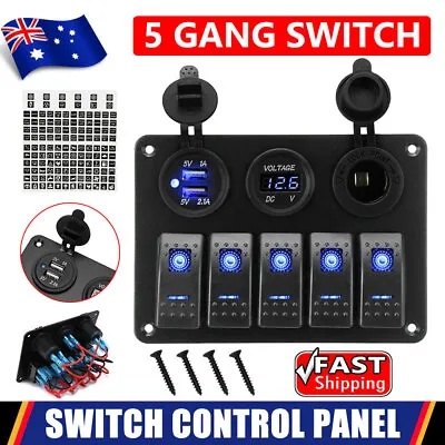 $31.45 • Buy 5 Gang 12V Rocker Switch Panel ON OFF Toggle 2 USB Charger Marine Boat Voltmeter