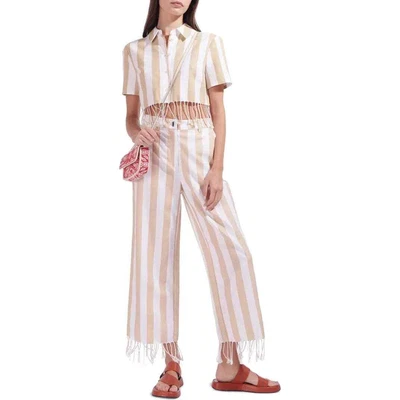 $168 • Buy Staud Zuma Cabana Stripe Fringe Hem Beige White Cotton & Linen Pants Size 10 NWT