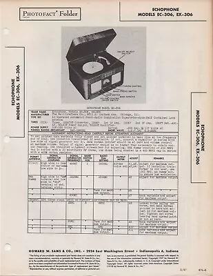 1947 ECHOPHONE EC-306 PHONO RADIO SERVICE MANUAL REPAIR Photofact Ex-306 Repair • $10.99