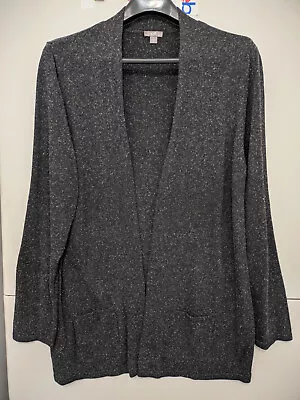 J Jill Sweater Womens L Charcoal BLK Open Silk Cotton Blend Long Marled Speckle • $20