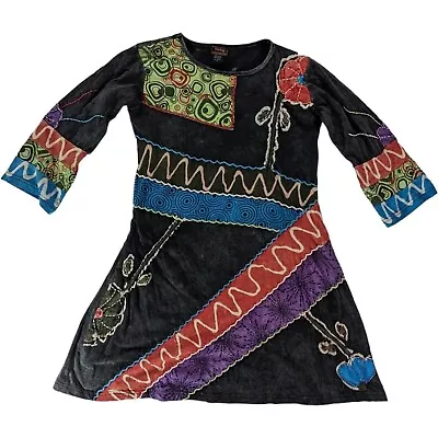 Rising International (L) Patchwork Dress Floral Applique Art-to-Wear Boho Hippie • £26.05