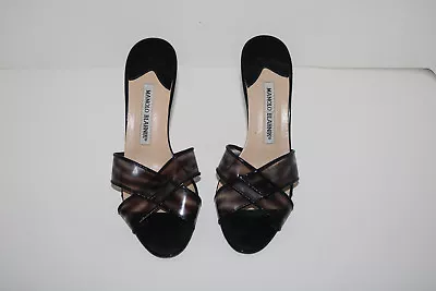 Manolo Blahnik Tinted Crossed Vinyl Open Toe Sandal Heels 36   • $99.99