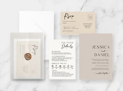 Personalised Wedding Invitations - Neutral Beige Natural - Vellum Wrap Option • £4.99