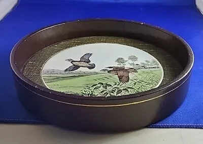 Vintage Peterson's Round Leather And Ceramic Serving Tray Quails • $24.95
