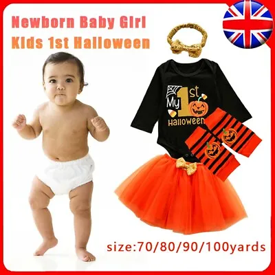 Baby Girl Kids Newborn 1st Halloween Pumpkin Tulle Tutu Dress Costume Outfit Set • £5.82