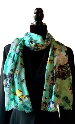 Cottage Core Floral Pattern Scarf Mint Teal Blue Green Yellow Viscose  Scarf • $12.99