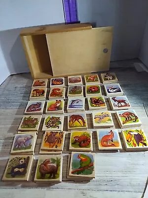 Memory Matching Game Animal Wooden Tiles With A Wooden Box Made In Taiwan. • $14.99