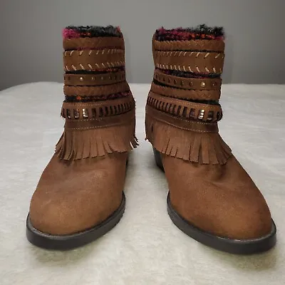 Mudd Western Fringe Boots Brown Faux Suede Southwestern Ankle Booties Size US 8 • $26