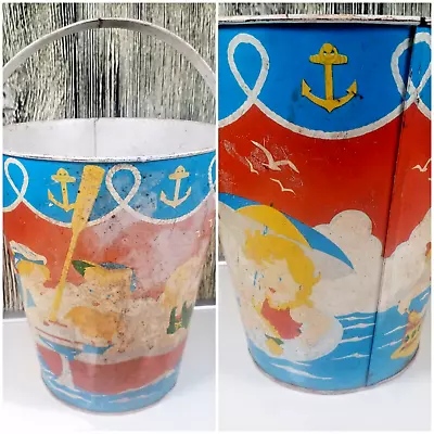 Ohio Art Tin Litho Beach Sand Bucket Metal Children Boat Swimming Lighthouse Vtg • $24.99