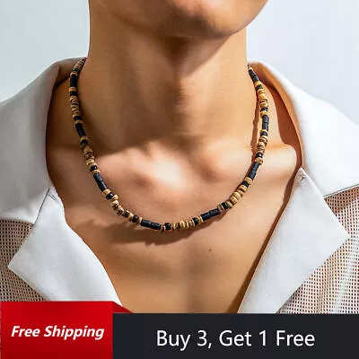 Mens Beaded Necklace Wooden Turquoise Bohemian Boho Beach Jewellery Gifts • £4.59