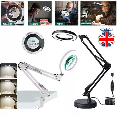 Foldable 10X Magnifier Glass LED Desk Lamp Light Stand Clamp Beauty Magnifying • £17.59