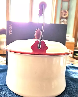 Vintage Enamelware Pot With Red Trim And Unique Top On Lid; Very Good Condition • $45