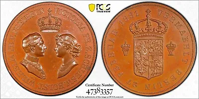 1881 Prussia. Bronze  Marriage Of Wilhelm II & Princess Victoria  PCGS SP-63! • $305.15