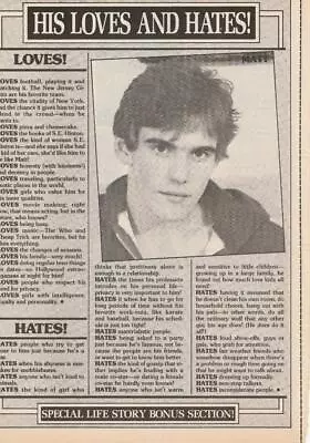 Matt Dillon Teen Magazine Pinup Clipping Teen Beat Loves Hates Bop Tiger Beat • $3.50