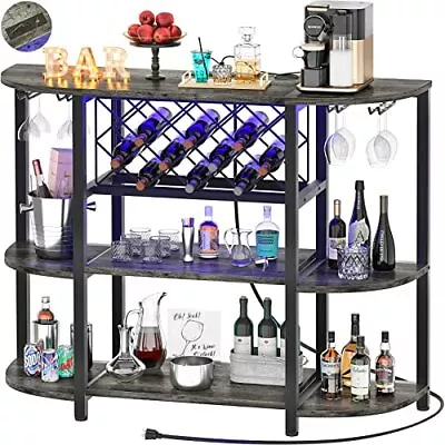  4-Tier Metal Coffee Bar Cabinet With Outlet And LED Light Gray Oak • $214.54