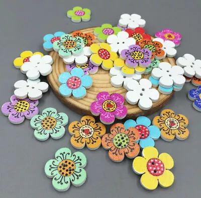 50X Mixed Color Flowers Wooden Buttons Sewing  Scrapbooking 2-Holes 20mm • $2.65