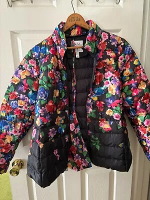 Isaac Mizrahi Floral Black Packable Puffer Down Jacket Hood Pouch Size 1X • $49.99